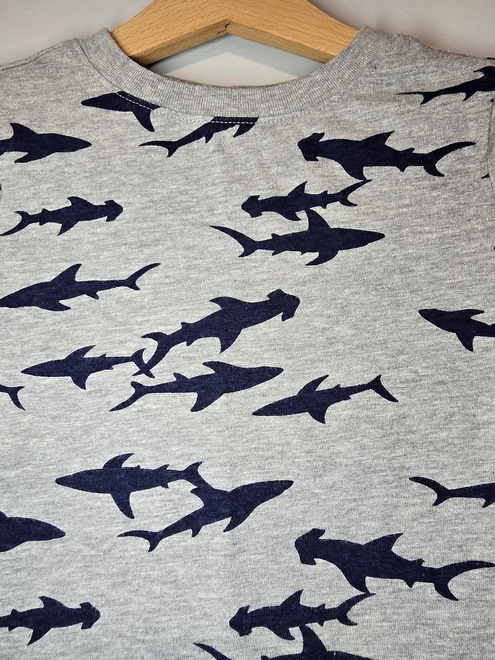 Old Navy Grey Tee with Navy Shark Silhouettes
